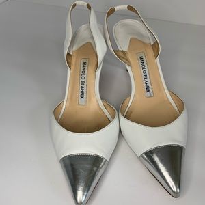 Manolo Blahnik carolyne silver cap toe heels 36.5